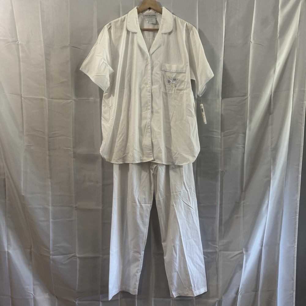 Miss Elaine 2 Piece Pajama Set M White Embroidered Floral Sleepwear Pjs New Tags